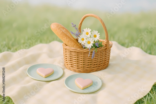 A picnic on Valentine's Day. On the yellow bedspread is a basket with a baguette, two mint-colored plates and a bouquet of daisies and lavender. Background - green grass and blue sky