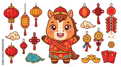 Chinese New Year Horse Vector Graphic Set, Lunar Festival Celebration Design Elements