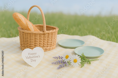 A picnic on Valentine's Day. On the yellow bedspread is a basket with a baguette, two mint-colored plates and a bouquet of daisies and lavender. Background - green grass and blue sky