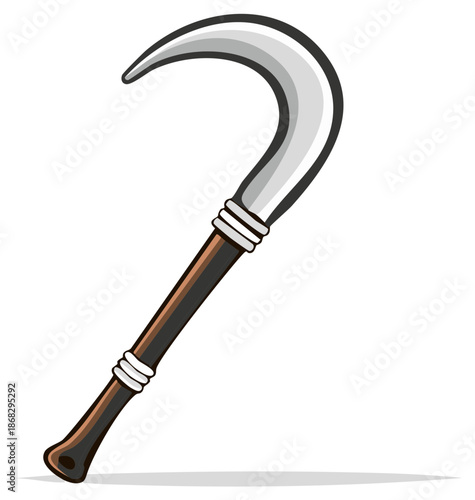 Illustration of a Curved Handled Tool with Silver Blade, Decorative Elements, Harvesting Instrument, Cartoon Style