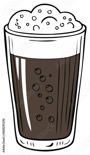 Cartoon glass of dark soda with bubbly foam top and bubbles in liquid