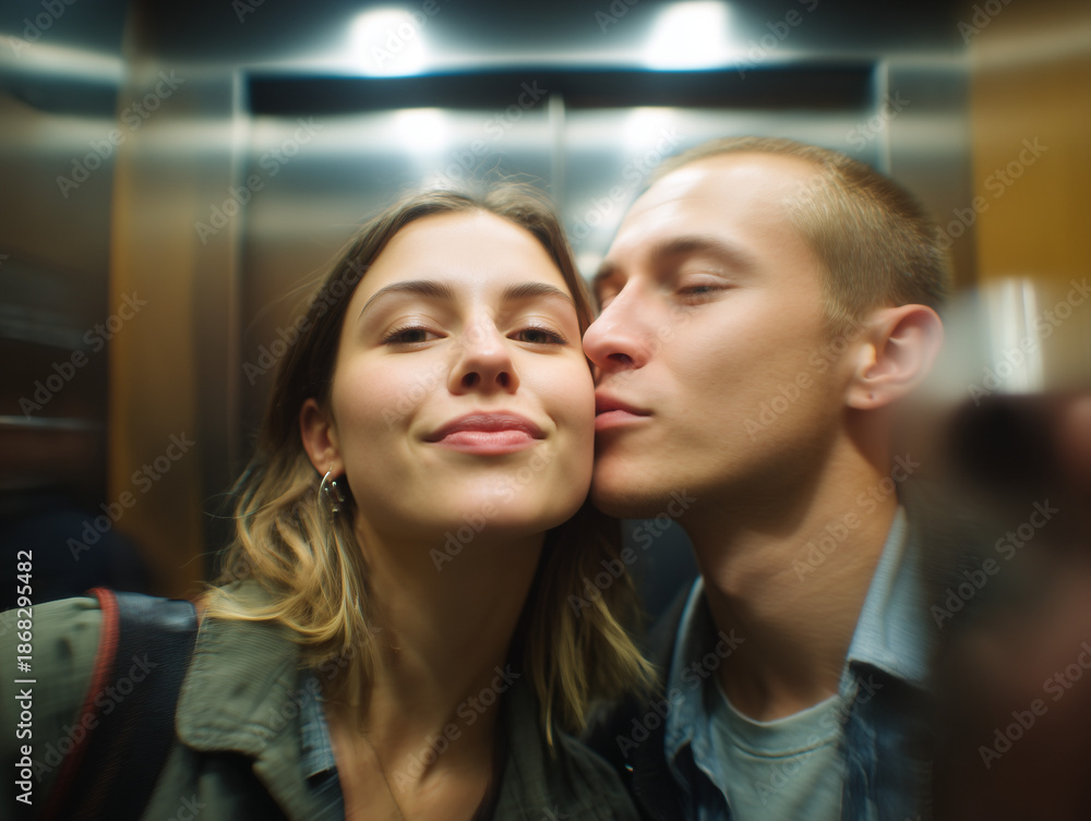Fototapeta premium Young couple kissing in elevator taking selfie
