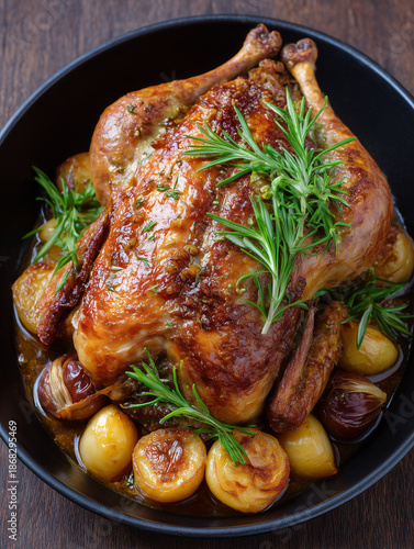 Whole roasted chicken with rosemary and small potatoes