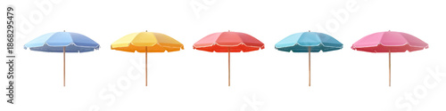 Vibrant colorful beach umbrellas in blue, orange, red, and pink hues