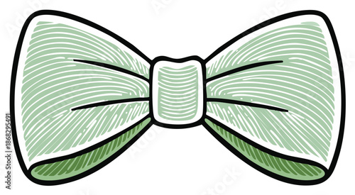 Classic green formal bow tie accessory in a hand drawn vintage woodcut style isolated icon