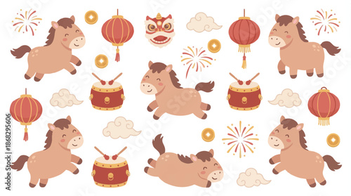 Chinese New Year Year of the Horse Vector Graphic Set with Cute Animals, Lanterns, Drums & Fireworks