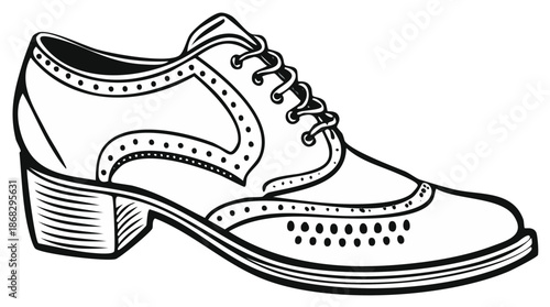Elegant Wingtip Shoe Illustration Featuring Brogue Detailing and Intricate Lacing in Black and White