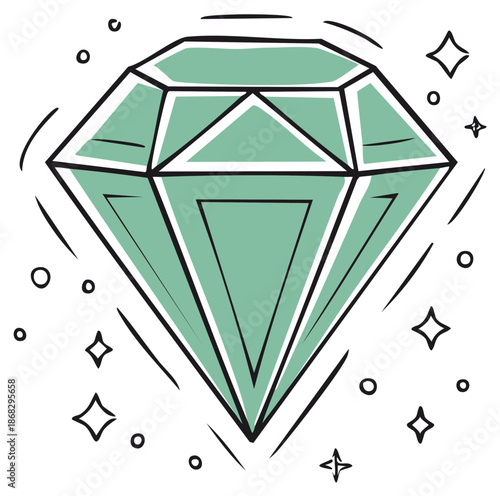 Sparkling diamond illustration with mint green accents and black outlining