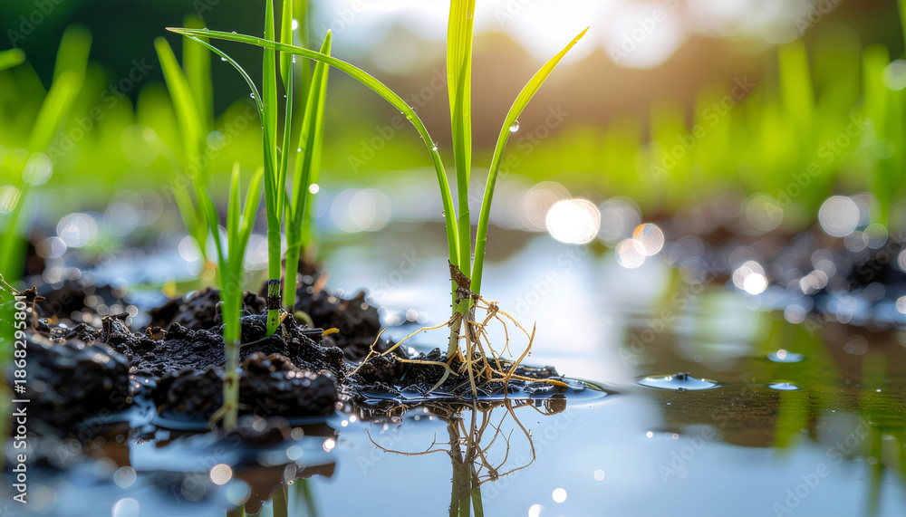 Fototapeta premium young rice plants growing in water