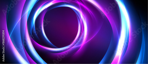 Abstract neon rings swirl, creating dynamic light patterns. Vivid purple, pink, blue hues dominate dark background. Modern design.