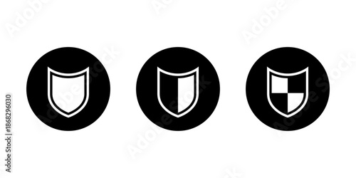Shield protection icon set in black circle. Safety, security and privacy symbol