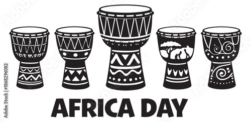 Hand drawn djembe drum set featuring tribal patterns and african animals for Africa Day