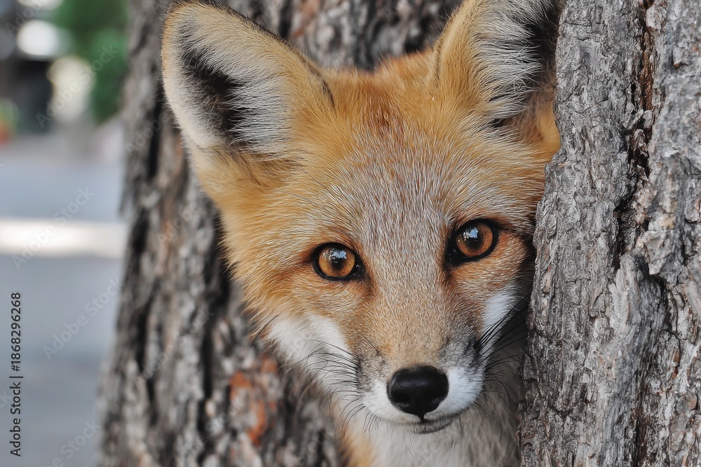 Obraz premium Red fox face looking directly at the viewer from behind a tree trunk
