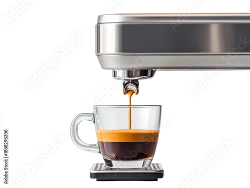 Espresso pouring into a clear cup from a modern coffee machine