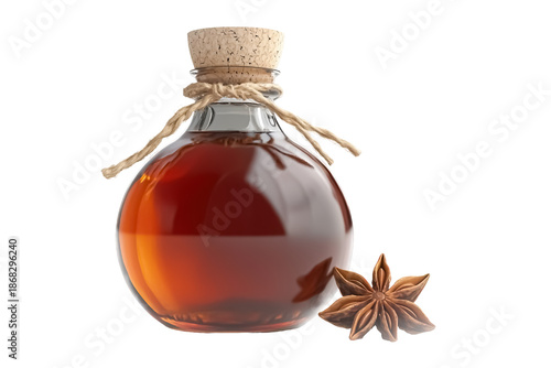 Glass bottle of amber liquid with star anise on black background