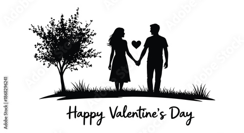 Silhouette of a couple holding hands near a tree valentine s day scene