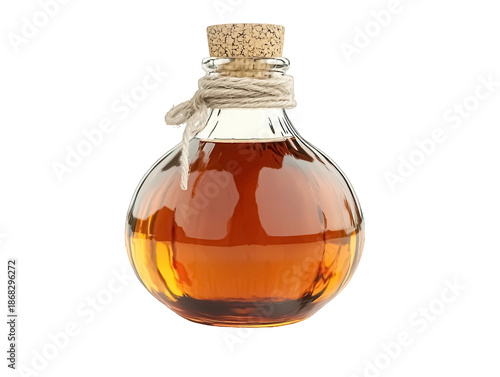 Elegant glass bottle with amber liquid and cork stopper