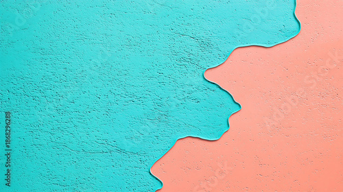 Vibrant two-tone background with teal and coral pink textured plaster surfaces separated by a soft organic wavy line boundary.