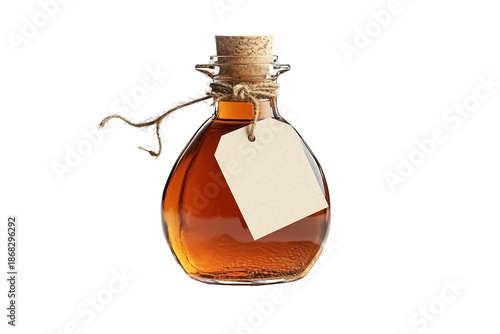 Vintage glass bottle with cork and tag for labeling liquids