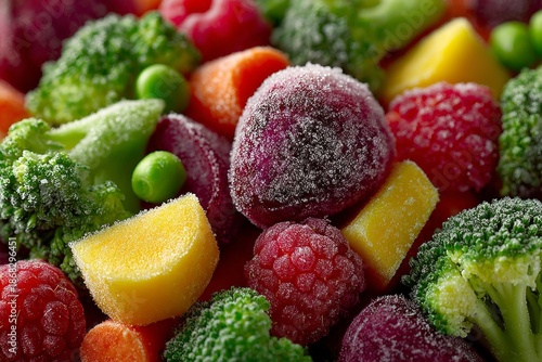 Assorted frozen fruits, berries, and vegetables coated in ice crystals ready for cooking
