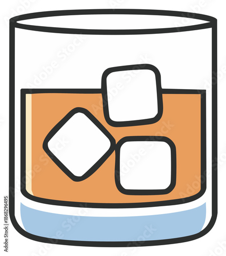 Whiskey glass with ice cubes line art cartoon style illustration for alcoholic beverages or drinks