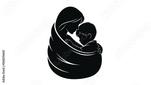 Black silhouette illustration of a mother tenderly embracing her baby with mother and baby and tender embrace and love and family and care