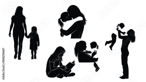 Silhouette illustrations of mothers and children in various tender moments and daily activities on white background with family and love and care