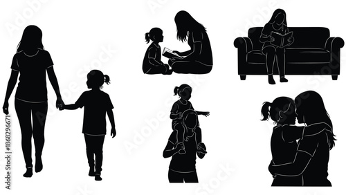 Silhouette illustrations of mother and daughter in various tender moments and daily activities together with family love and mom and kid and vector clipart