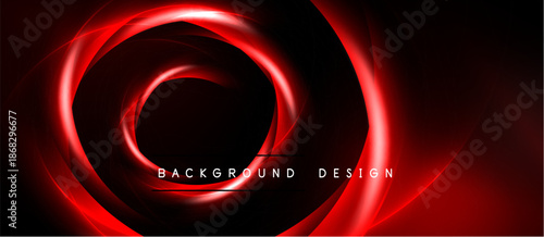 Abstract red swirl design. Dark background creates dramatic visual effect. Modern, dynamic composition. Simple text overlay present.