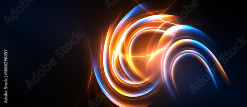 Bright swirling lights dominate dark background. Orange, blue hues create dynamic abstract composition. Energy radiates from central point.