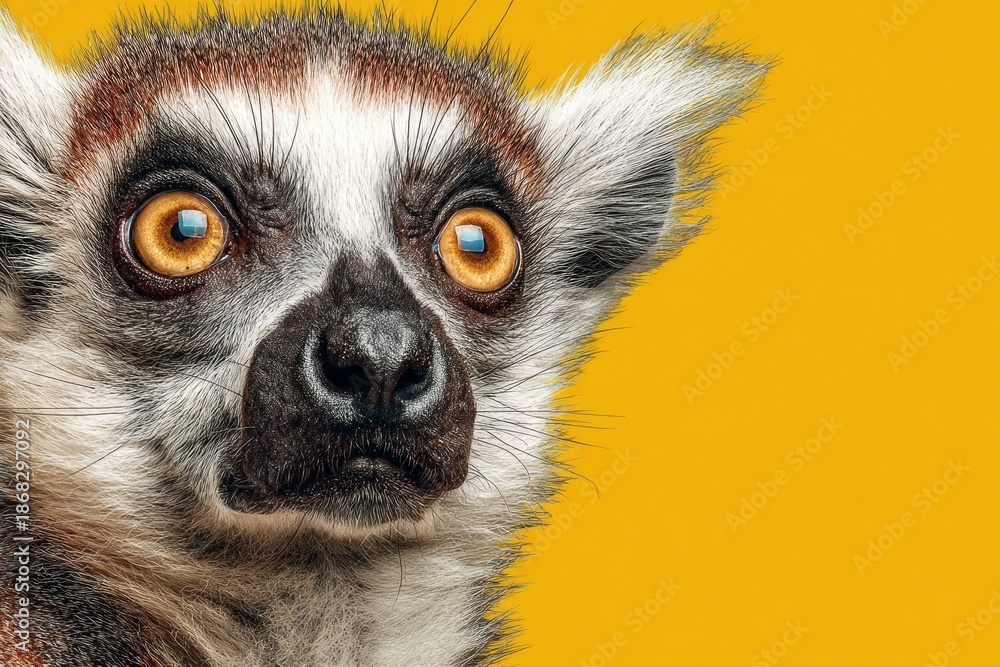 Obraz premium Ring-tailed lemur head shot on a yellow background looking forward