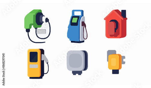 Cartoon Electric Car Wall Charger Vector Icons Set for EV and Sustainable Transportation