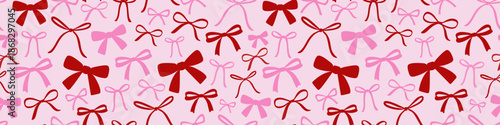 Seamless pattern red pink bows ribbon pastel background cute romantic decorative design with hand drawn bow elements for wrapping paper and fabric