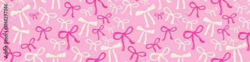 Seamless pattern with pink and white bows ribbon hand drawn on pastel pink background cute romantic decorative wrapping design