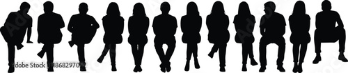 People silhouette lineup showing men and women sitting in various poses waiting audience concept isolated white background illustration design