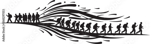 Silhouette of people running in a line formation motion