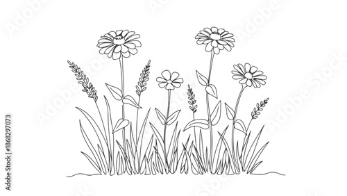 Continuous one line art vector illustration of a field of flowers and grasses, simple black and white graphic design
