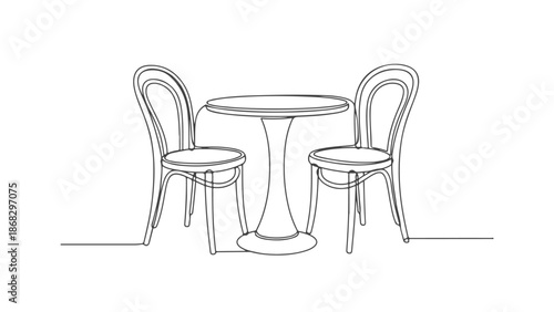 Minimalist vector illustration of a round table with two chairs drawn in a continuous one line art style, clean and simple design