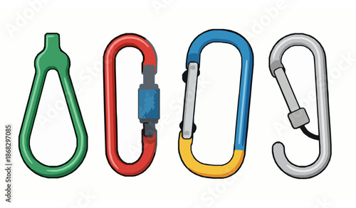 Cute Climbing Carabiner Vector Icons Set for Hooks and Outdoor Gear