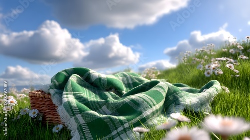 green picnic blanket on the grass
