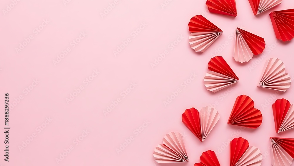 Obraz premium Delicate red and pink paper hearts scattered on a soft background, symbolizing love and celebration