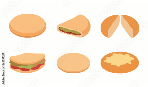 Playful Cartoon Pita Bread Vector Icon Set for Web, Menu, and Food Graphics