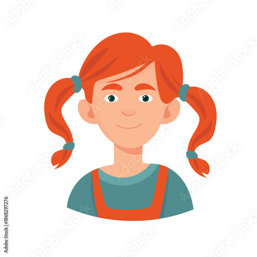 A red-haired girl with freckles on her face, cute cartoon character. Flat vector clipart, illustration with isolated background.