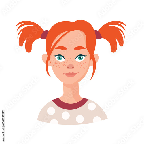 A red-haired girl with freckles on her face, cute cartoon character. Flat vector clipart, illustration with isolated background.