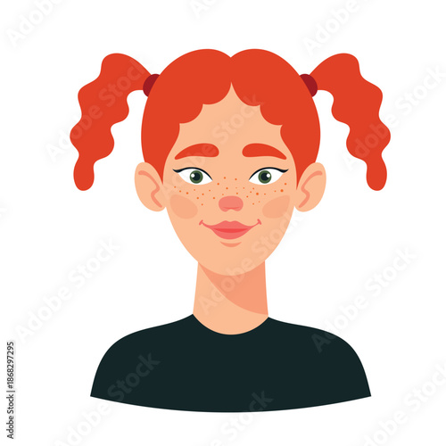 A red-haired girl with freckles on her face, cute cartoon character. Flat vector clipart, illustration with isolated background.