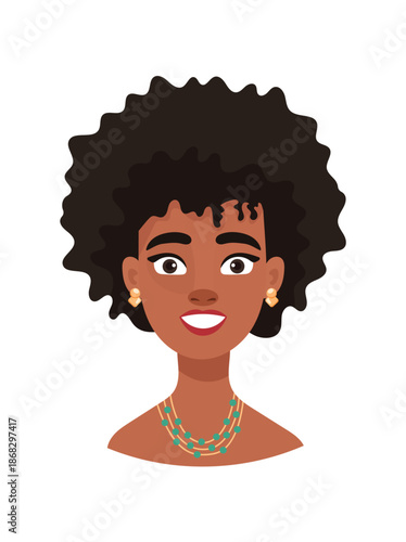 A dark-skinned woman with an Afro hairstyle, cute cartoon character. Flat vector clipart, illustration with isolated background.
