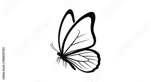 Simple black and white illustration of a delicate butterfly in flight