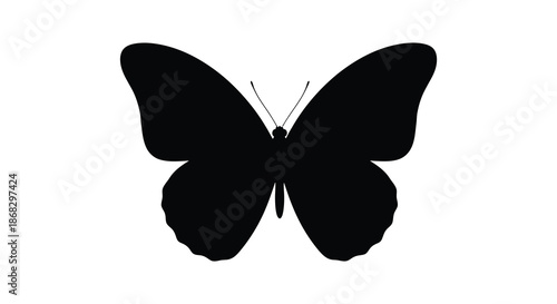 A stark black silhouette of a butterfly on a white background