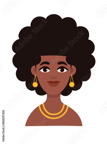 A dark-skinned woman with an Afro hairstyle, cute cartoon character. Flat vector clipart, illustration with isolated background.