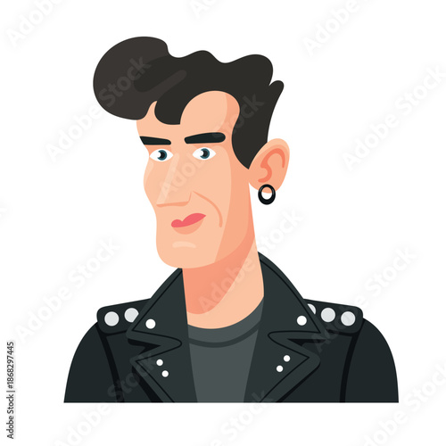A rocker man in a leather jacket with earrings, cute cartoon character. Flat vector clipart, illustration with isolated background.